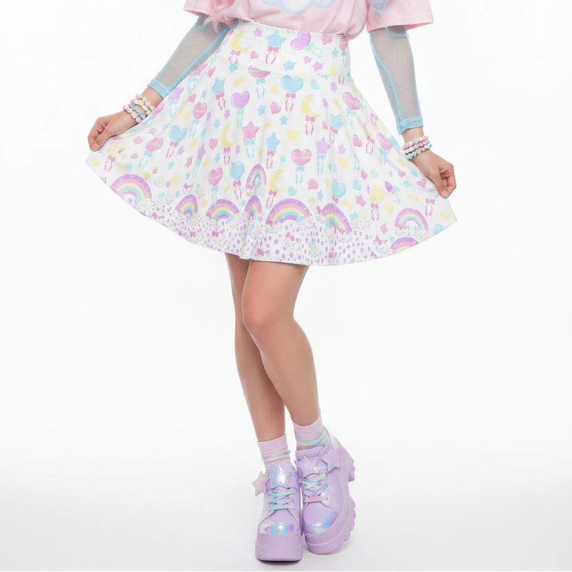 Kawaii jfashion yume kawaii Harajuku fashion style Japanese street fashion cutecore heisei retro jojifuku trendy Pastel Party High Waist Skater Skirt (White) Holley Tea Time holleyteatime pastel rainbow