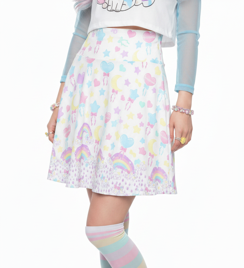 Kawaii jfashion yume kawaii Harajuku fashion style Japanese street fashion cutecore heisei retro jojifuku trendy Pastel Party High Waist Skater Skirt (White) Holley Tea Time holleyteatime pastel rainbow
