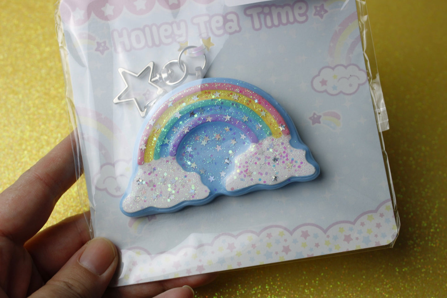 Rainbow in the clouds glitter star keychain