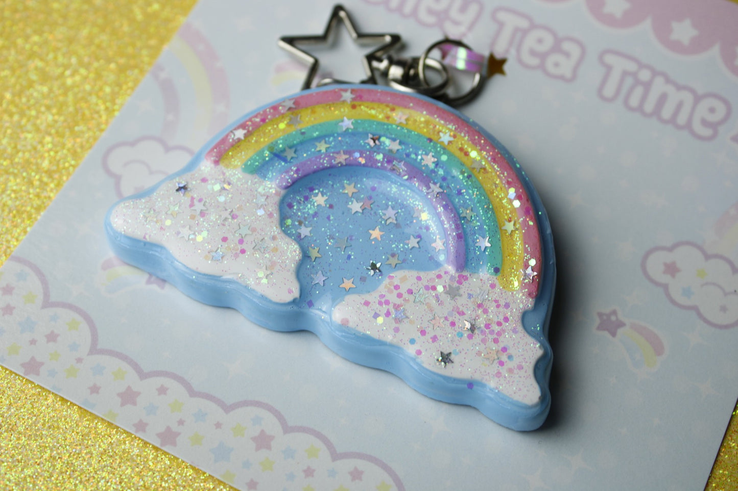 Rainbow in the clouds glitter star keychain