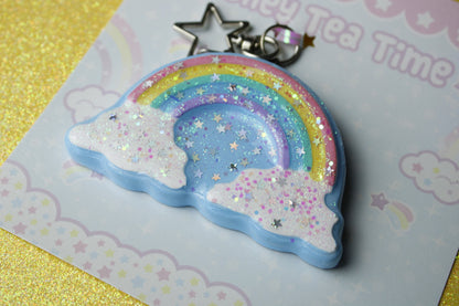 Rainbow in the clouds glitter star keychain