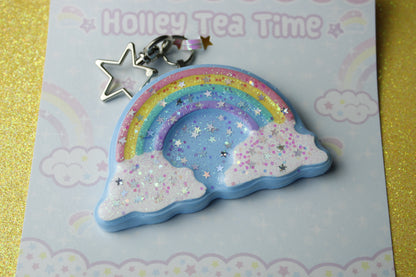 Rainbow in the clouds glitter star keychain