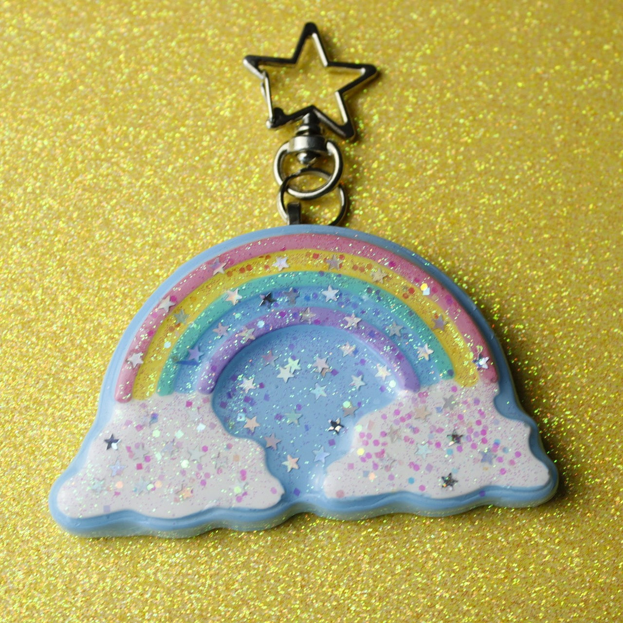 Rainbow in the clouds glitter star keychain