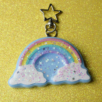 Rainbow in the clouds glitter star keychain