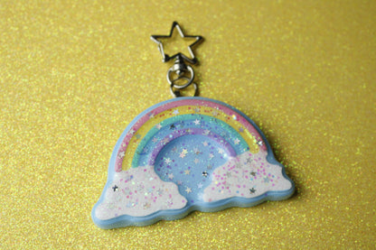 Rainbow in the clouds glitter star keychain
