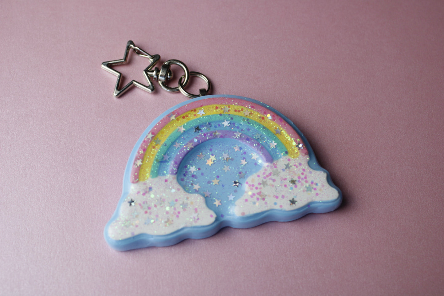 Rainbow in the clouds glitter star keychain