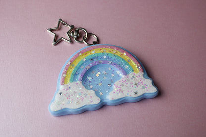 Rainbow in the clouds glitter star keychain