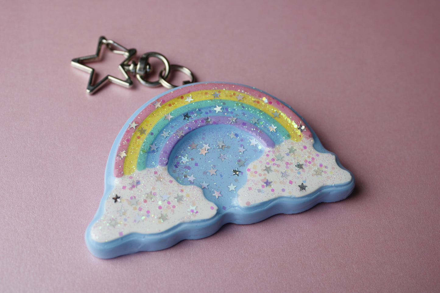 Rainbow in the clouds glitter star keychain