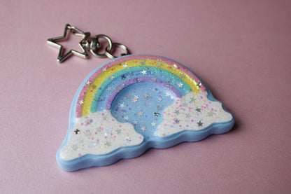 Rainbow in the clouds glitter star keychain