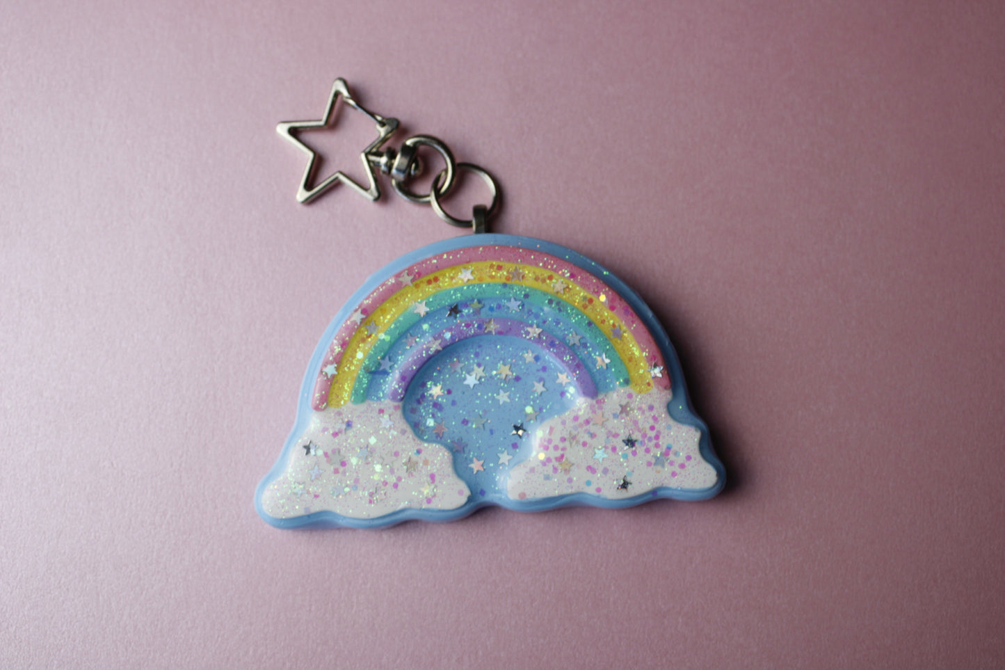 Rainbow in the clouds glitter star keychain