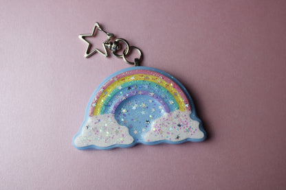 Rainbow in the clouds glitter star keychain