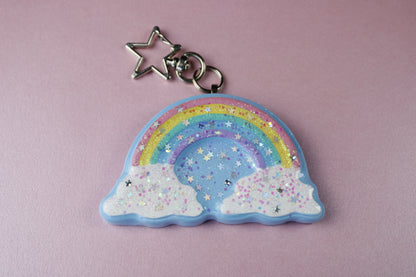 Rainbow in the clouds glitter star keychain