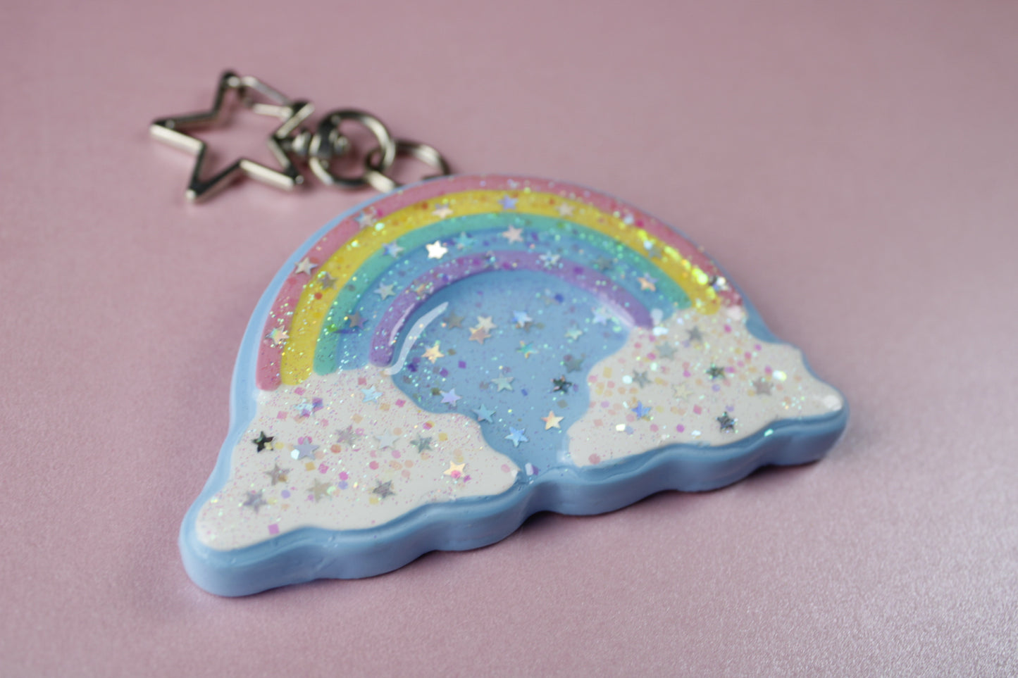 Rainbow in the clouds glitter star keychain
