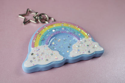 Rainbow in the clouds glitter star keychain