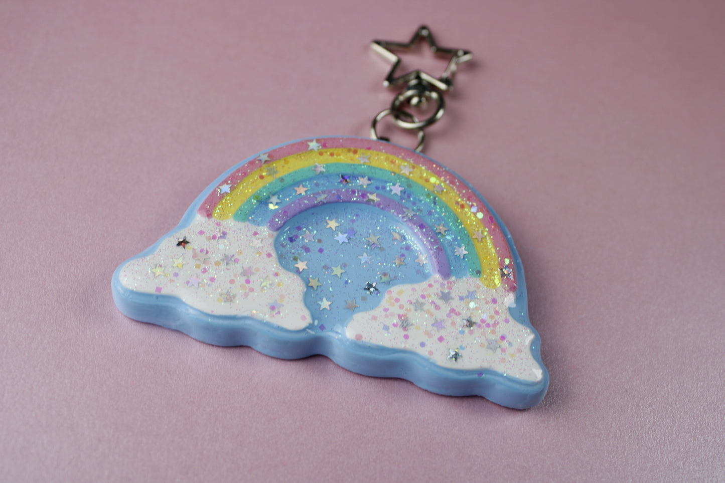 Rainbow in the clouds glitter star keychain