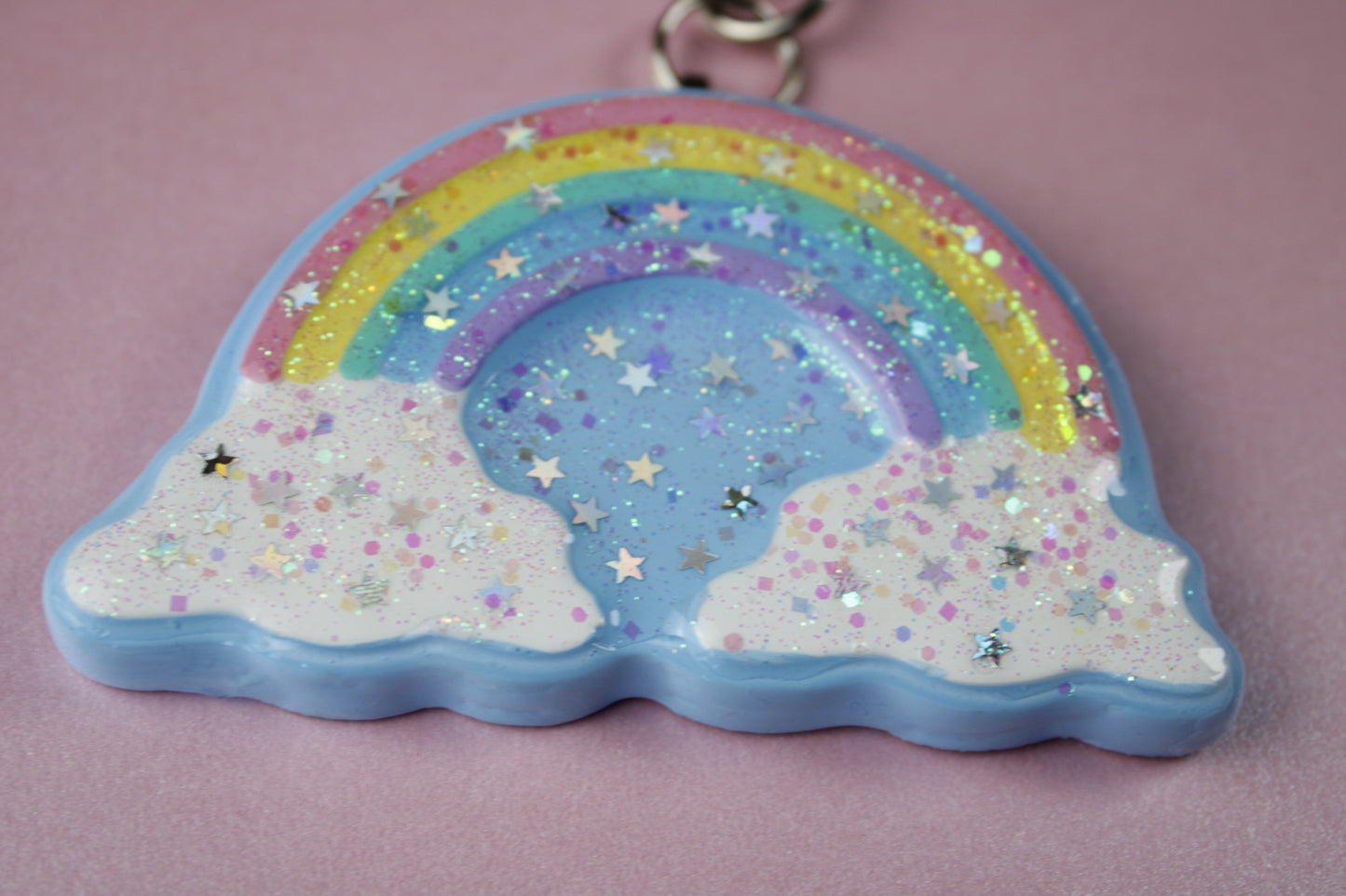 Rainbow in the clouds glitter star keychain