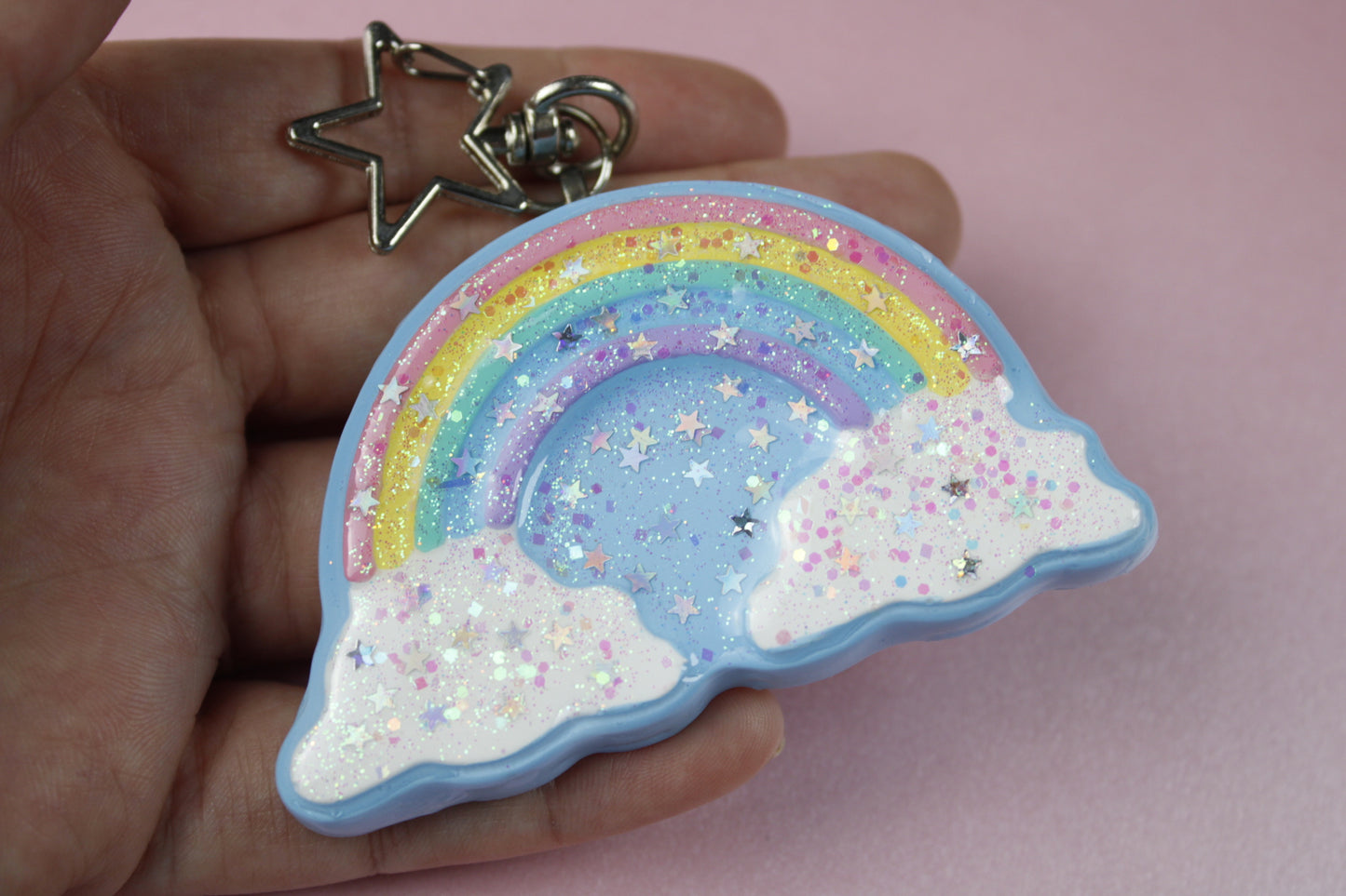 Rainbow in the clouds glitter star keychain