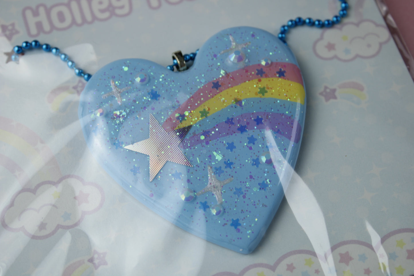 Shooting Star Glitter Blue Heart Necklace