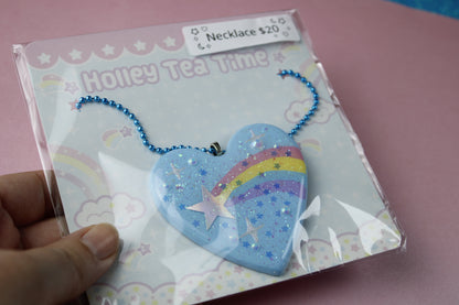 Shooting Star Glitter Blue Heart Necklace