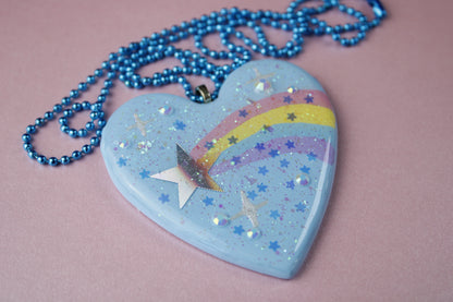 Shooting Star Glitter Blue Heart Necklace