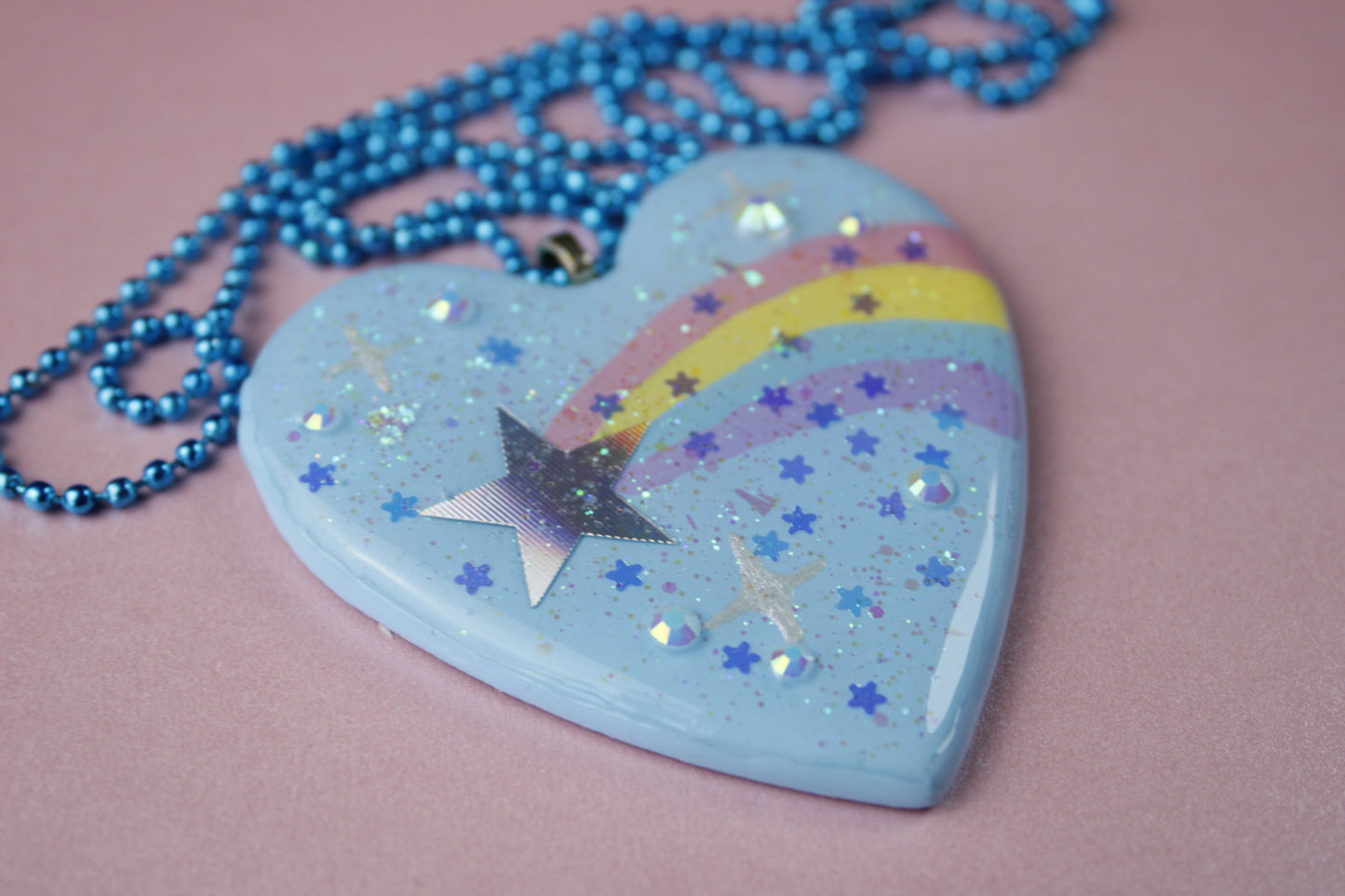 Shooting Star Glitter Blue Heart Necklace