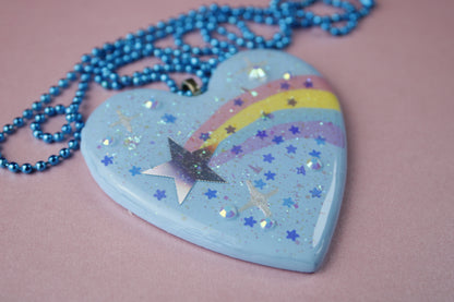 Shooting Star Glitter Blue Heart Necklace