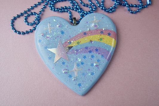 Shooting Star Glitter Blue Heart Necklace