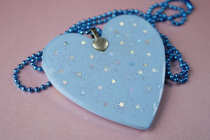 Shooting Star Glitter Blue Heart Necklace