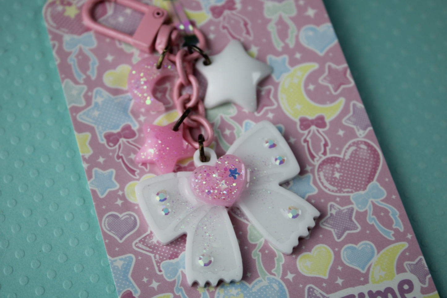 Cutie Sweet Heart Ribbon Keychain (White x Pink)