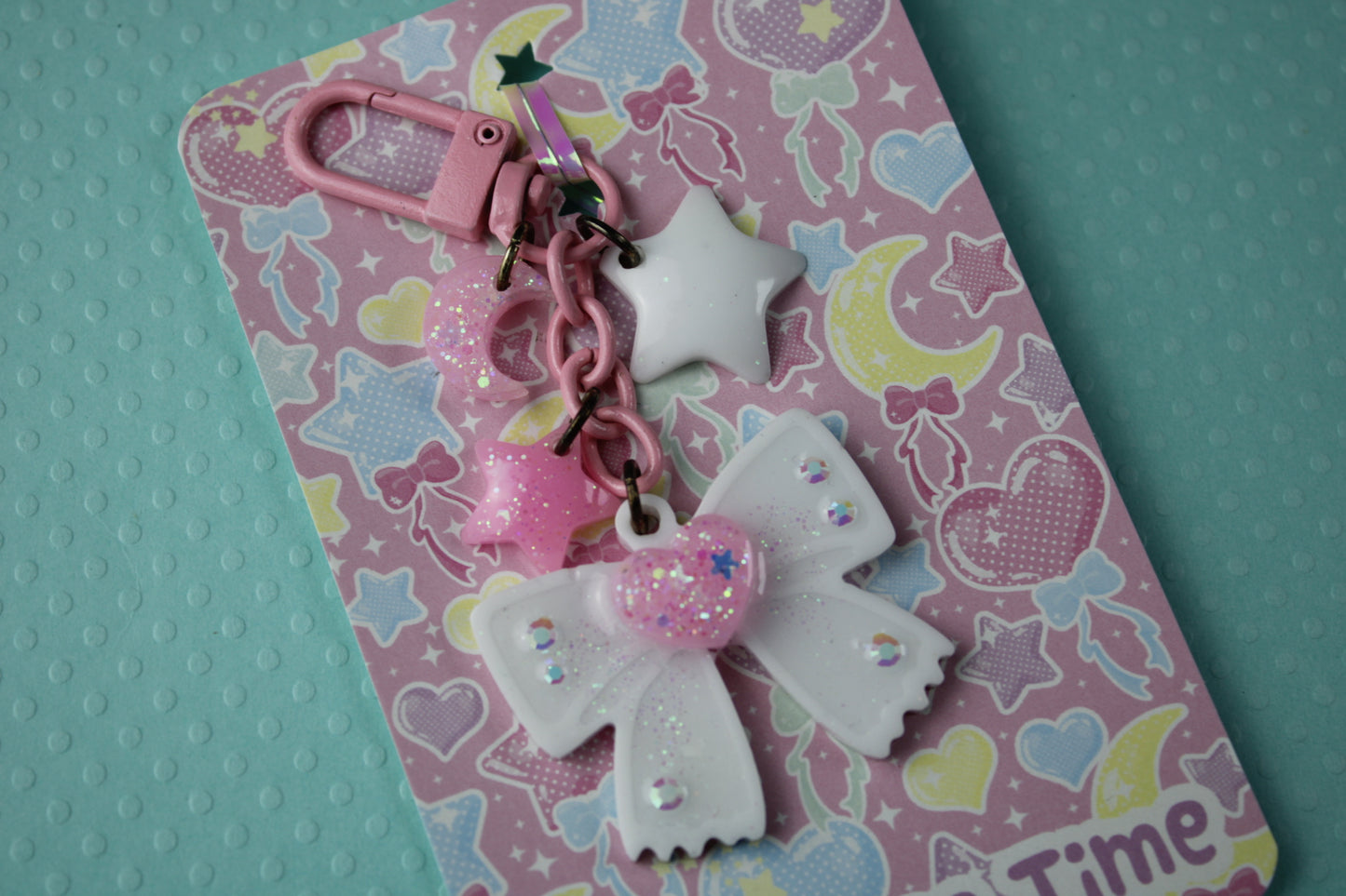 Cutie Sweet Heart Ribbon Keychain (White x Pink)