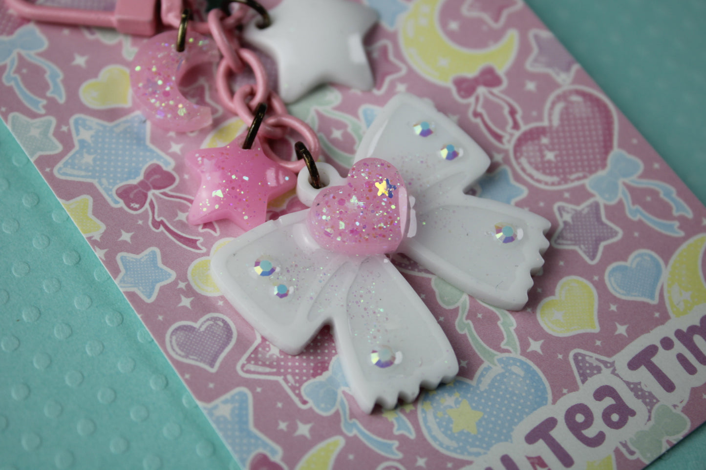 Cutie Sweet Heart Ribbon Keychain (White x Pink)