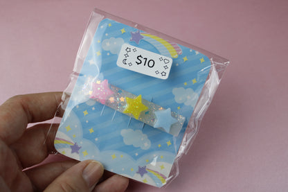 Triple Star Cutie Sparkly Hair Clip (Pink, Yellow, Blue Stars)