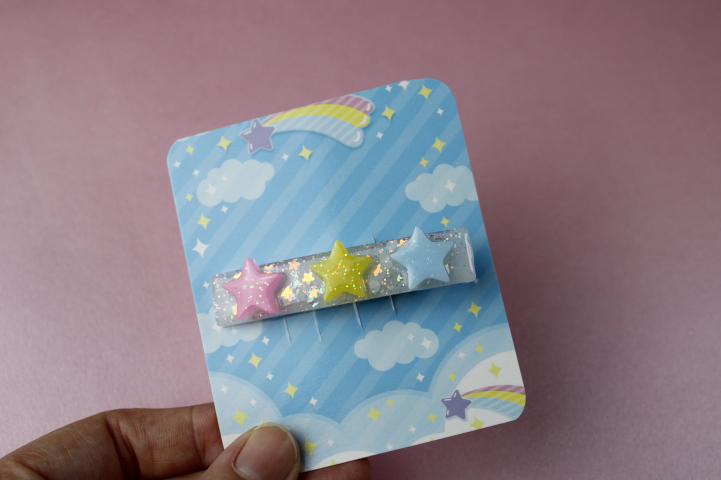 Triple Star Cutie Sparkly Hair Clip (Pink, Yellow, Blue Stars)