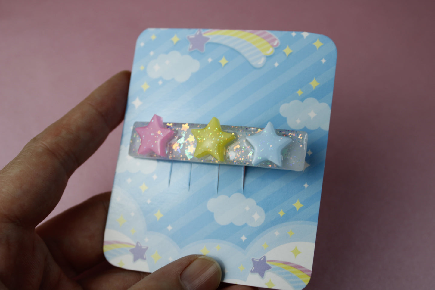 Triple Star Cutie Sparkly Hair Clip (Pink, Yellow, Blue Stars)