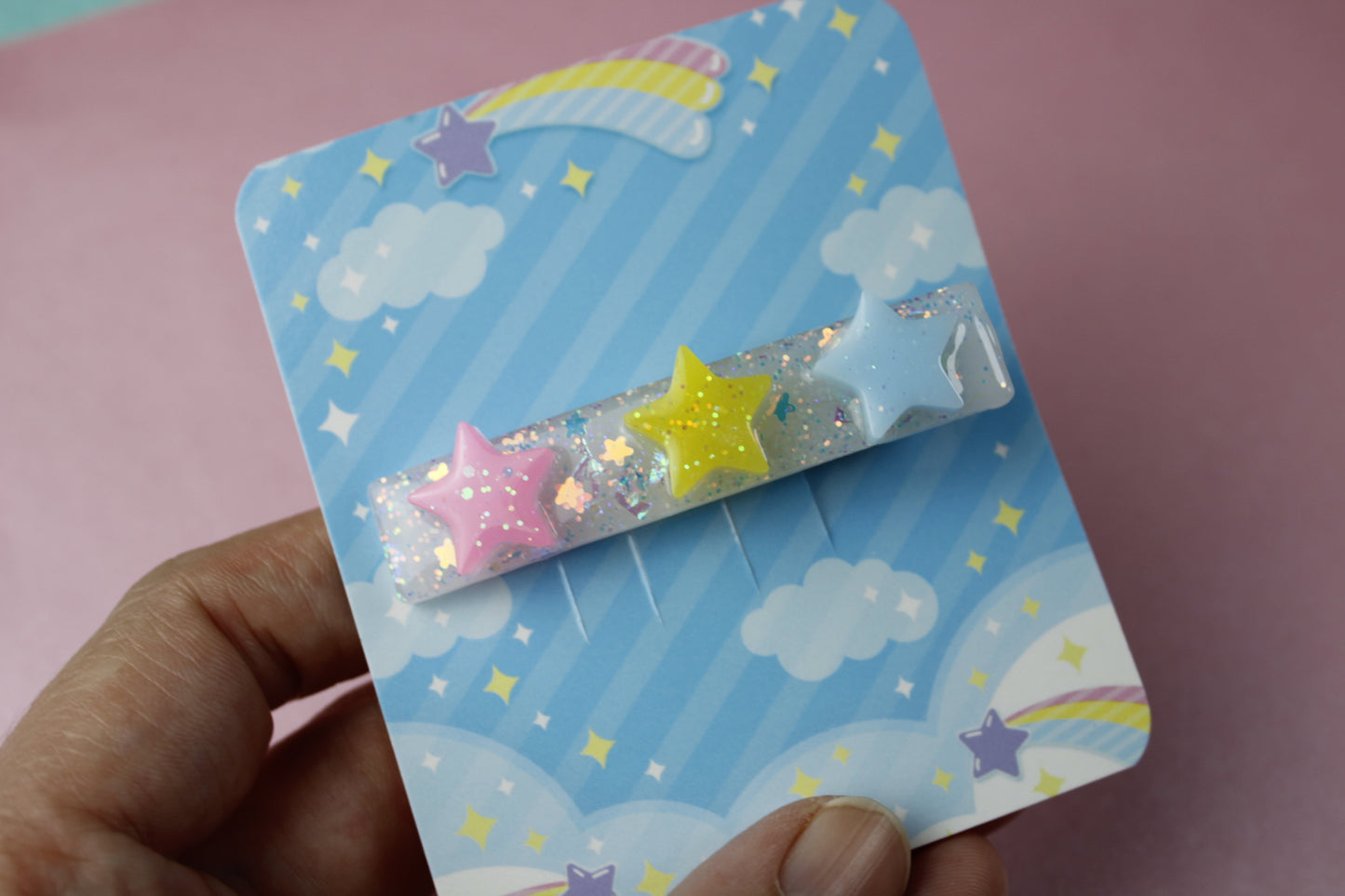 Triple Star Cutie Sparkly Hair Clip (Pink, Yellow, Blue Stars)
