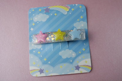 Triple Star Cutie Sparkly Hair Clip (Pink, Yellow, Blue Stars)