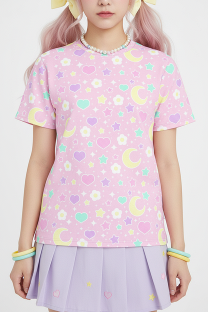 Magical Spring Unisex Cotton T-Shirt (Pink) kawaii fashion Jfashion Harajuku style Japanese street fashion fairy kei yume kawaii yumekawaii mahou kei magical girl cutecore jojifuku heisei retro flower heart moon stars