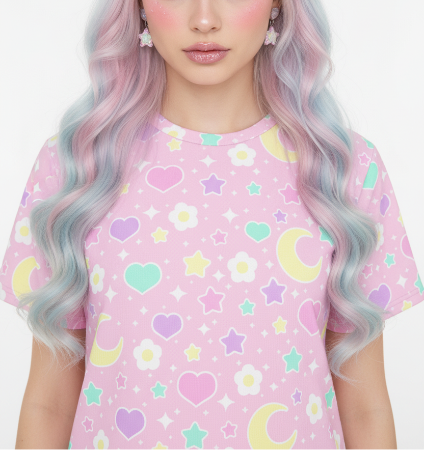 Magical Spring Unisex Cotton T-Shirt (Pink) kawaii fashion Jfashion Harajuku style Japanese street fashion fairy kei yume kawaii yumekawaii mahou kei magical girl cutecore jojifuku heisei retro flower heart moon stars