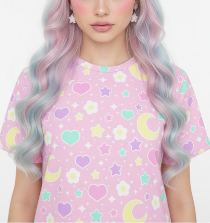 Magical Spring Unisex Cotton T-Shirt (Pink) kawaii fashion Jfashion Harajuku style Japanese street fashion fairy kei yume kawaii yumekawaii mahou kei magical girl cutecore jojifuku heisei retro flower heart moon stars