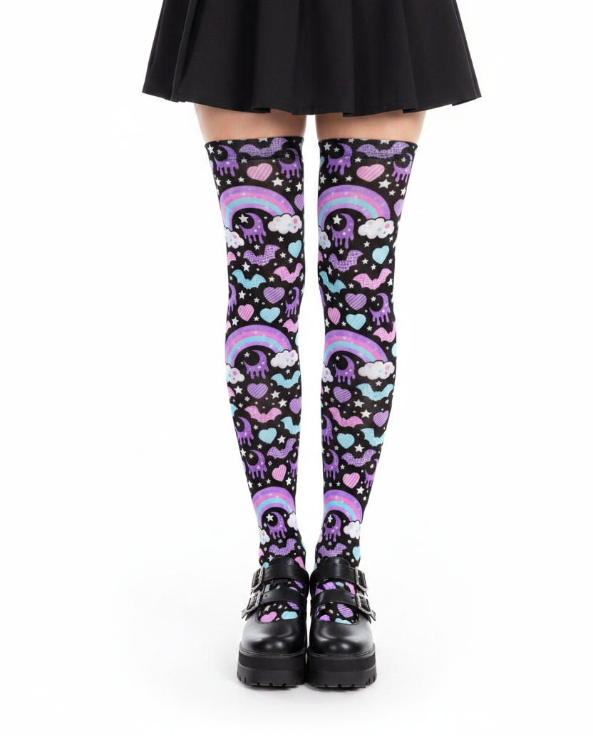 Pastel Goth Creepy Cute Spooky Cute Goth Aesthetic Kawaii Fashion Harajuku fashion Jfashion Rainbow Spooky Bats Over Knee Stocking Socks (Black) Trendy style moons 