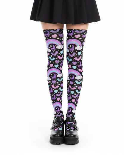 Pastel Goth Creepy Cute Spooky Cute Goth Aesthetic Kawaii Fashion Harajuku fashion Jfashion Rainbow Spooky Bats Over Knee Stocking Socks (Black) Trendy style moons 