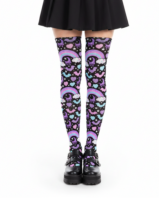 Pastel Goth Creepy Cute Spooky Cute Goth Aesthetic Kawaii Fashion Harajuku fashion Jfashion Rainbow Spooky Bats Over Knee Stocking Socks (Black) Trendy style moons 