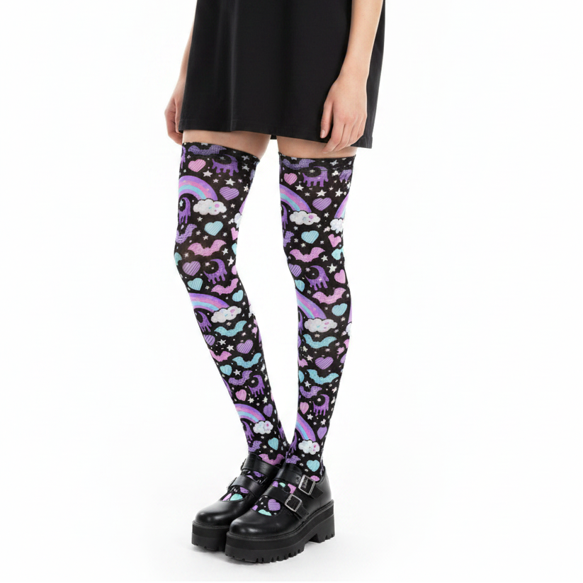 Pastel Goth Creepy Cute Spooky Cute Goth Aesthetic Kawaii Fashion Harajuku fashion Jfashion Rainbow Spooky Bats Over Knee Stocking Socks (Black) Trendy style moons 