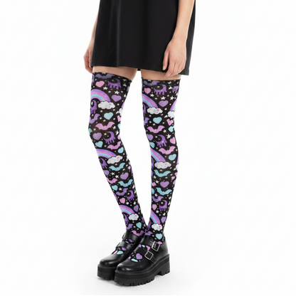 Pastel Goth Creepy Cute Spooky Cute Goth Aesthetic Kawaii Fashion Harajuku fashion Jfashion Rainbow Spooky Bats Over Knee Stocking Socks (Black) Trendy style moons 