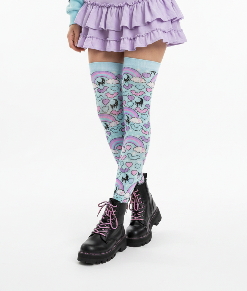 Pastel Goth Creepy Cute Spooky Cute Goth Aesthetic Kawaii Fashion Harajuku fashion Jfashion Rainbow Spooky Bats Over Knee Stocking Socks (Blue) Trendy style moons  pantyhose