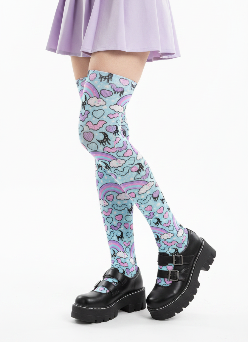 Pastel Goth Creepy Cute Spooky Cute Goth Aesthetic Kawaii Fashion Harajuku fashion Jfashion Rainbow Spooky Bats Over Knee Stocking Socks (Blue) Trendy style moons  pantyhose