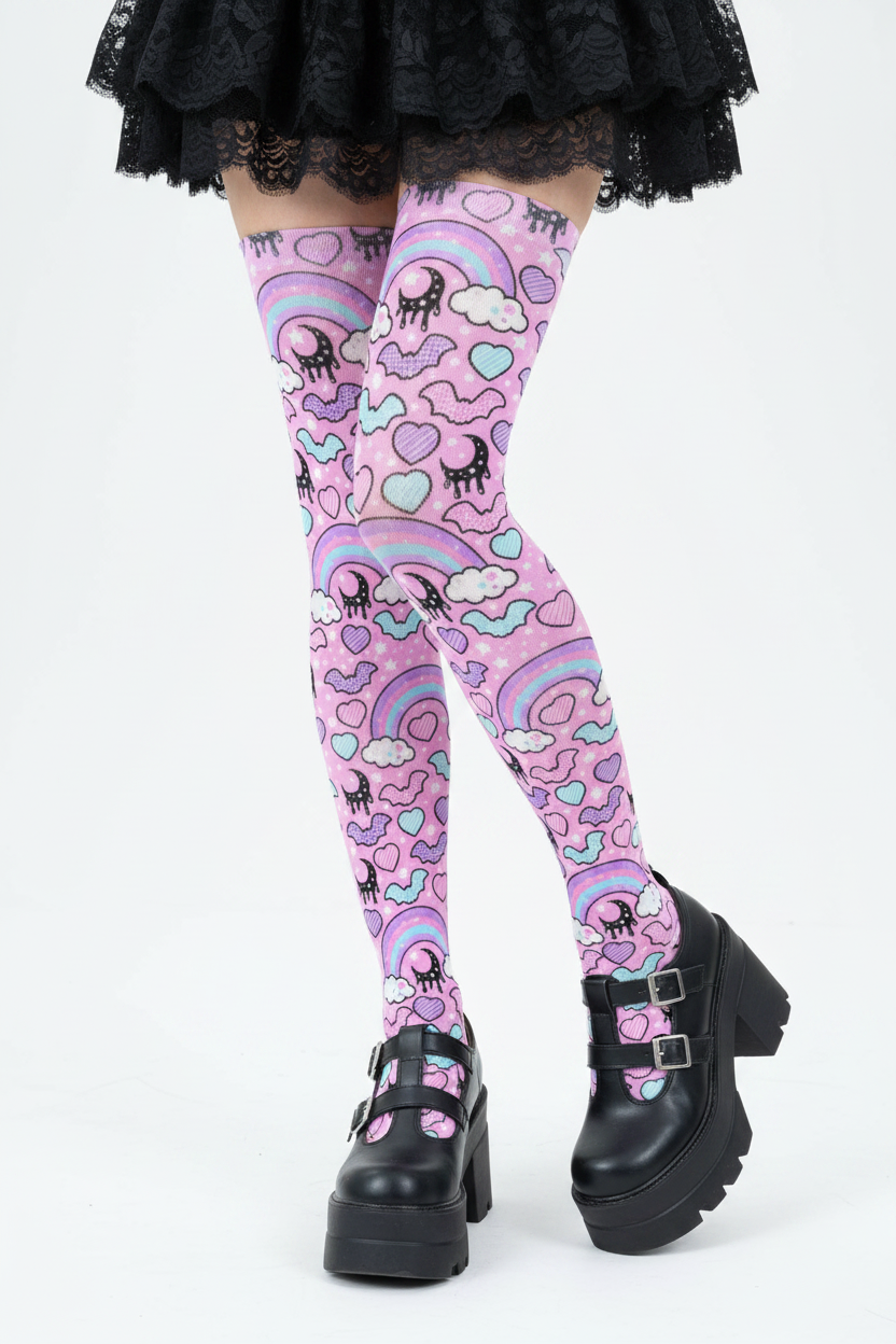 Pastel Goth Creepy Cute Spooky Cute Goth Aesthetic Kawaii Fashion Harajuku fashion Jfashion Rainbow Spooky Bats Over Knee Stocking Socks (Pink) Trendy style moons  pantyhose