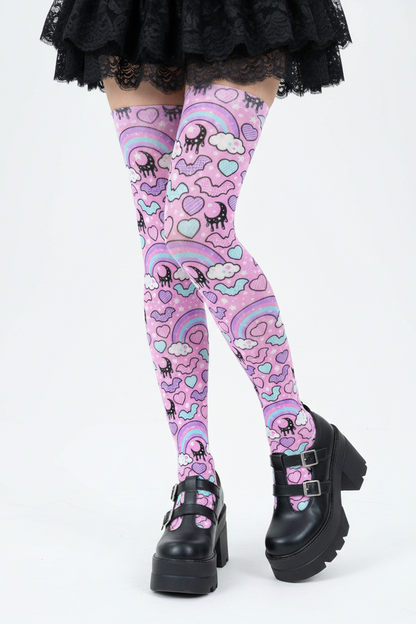 Pastel Goth Creepy Cute Spooky Cute Goth Aesthetic Kawaii Fashion Harajuku fashion Jfashion Rainbow Spooky Bats Over Knee Stocking Socks (Pink) Trendy style moons  pantyhose