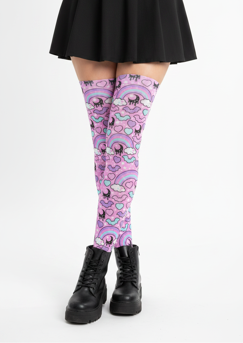 Pastel Goth Creepy Cute Spooky Cute Goth Aesthetic Kawaii Fashion Harajuku fashion Jfashion Rainbow Spooky Bats Over Knee Stocking Socks (Pink) Trendy style moons  pantyhose