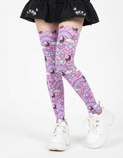 Pastel Goth Creepy Cute Spooky Cute Goth Aesthetic Kawaii Fashion Harajuku fashion Jfashion Rainbow Spooky Bats Over Knee Stocking Socks (Pink) Trendy style moons  pantyhose